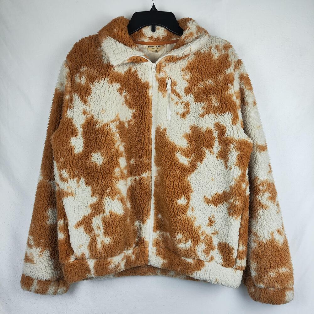 Betsey Johnson Jacket Womens Medium Brown Sherpa Fleece Animal Print Zip Pockets